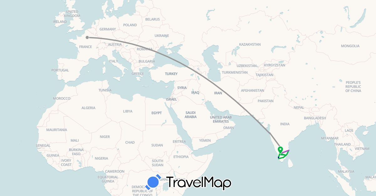TravelMap itinerary: driving, bus, plane, train in France, India (Asia, Europe)